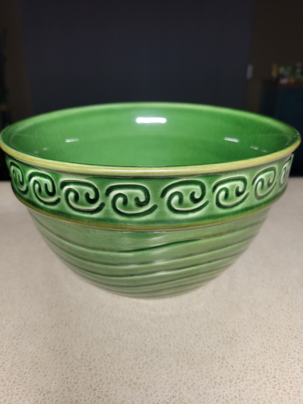 Vintage Real Home "Let Us Entertain You" 7.5 Inch Green Stoneware Mixing Bowl